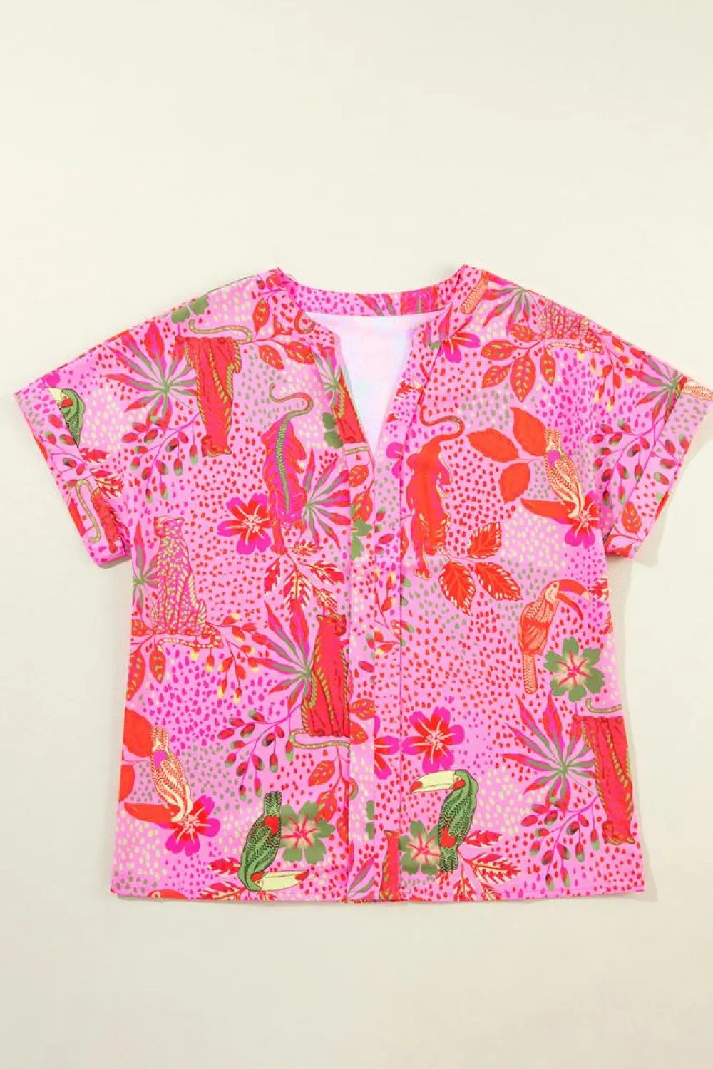 Clearance Dear-Lover Jungle Floral Print Notch V Neck Blouse Rose