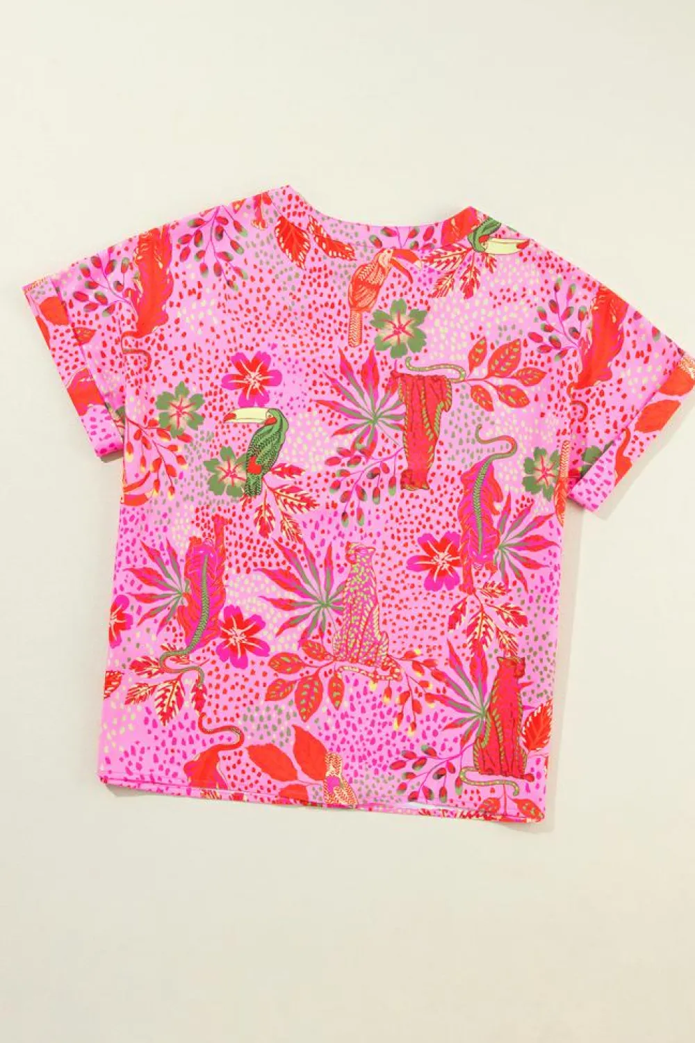Clearance Dear-Lover Jungle Floral Print Notch V Neck Blouse Rose