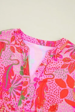 Clearance Dear-Lover Jungle Floral Print Notch V Neck Blouse Rose