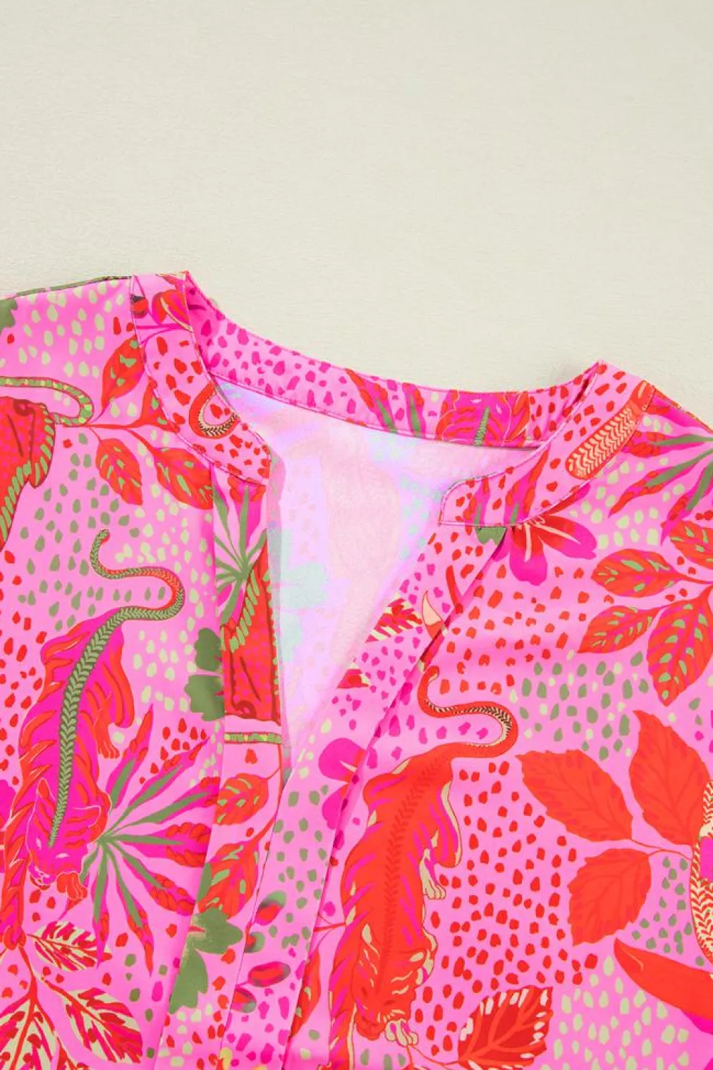 Clearance Dear-Lover Jungle Floral Print Notch V Neck Blouse Rose