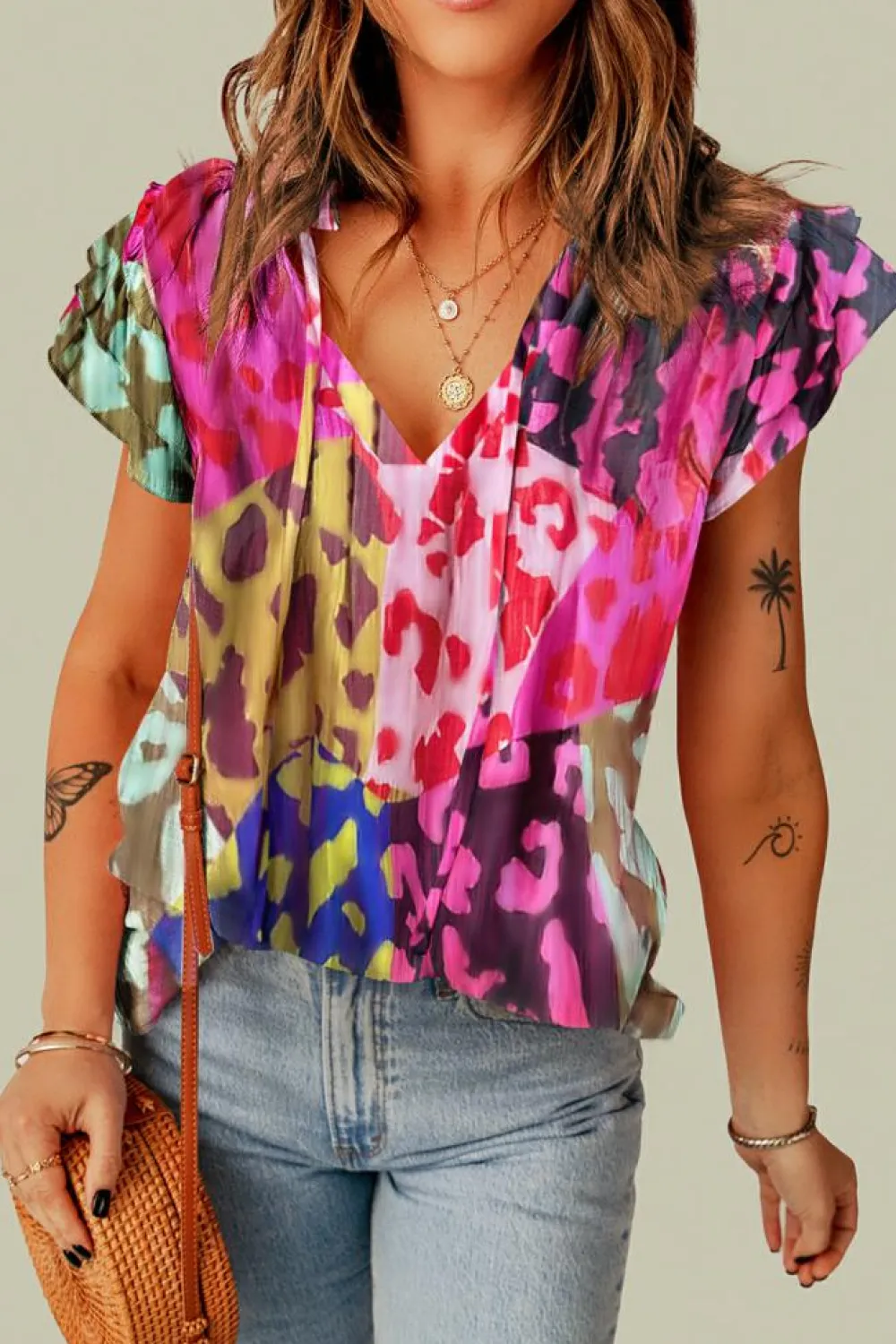 Discount Dear-Lover Leopard Flutter Sleeve V Neck Crinkled Blouse Rose