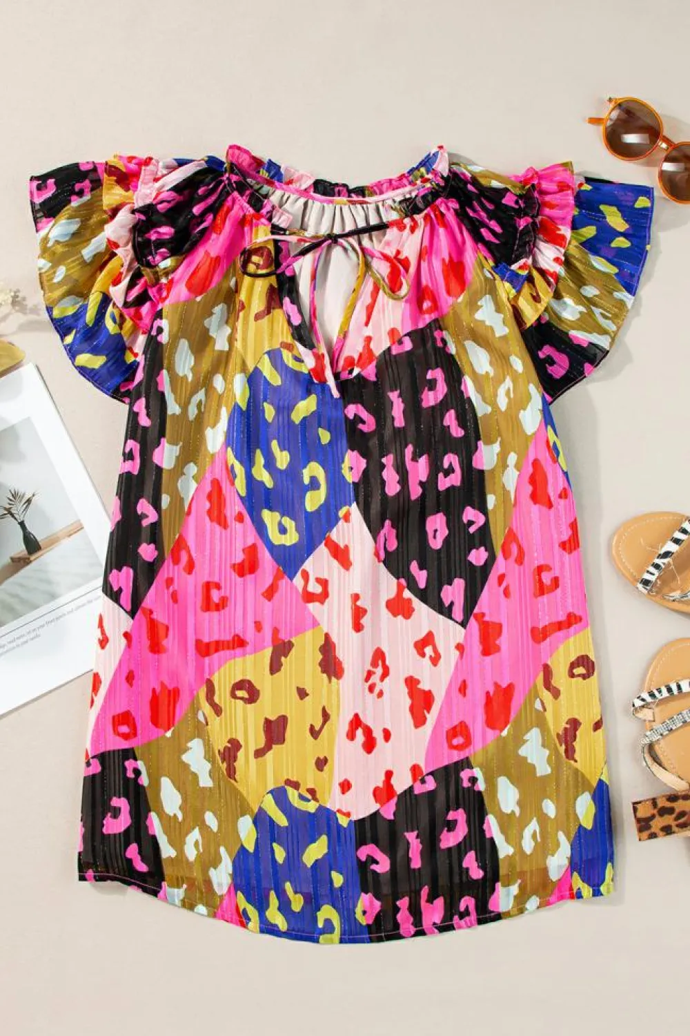 Discount Dear-Lover Leopard Flutter Sleeve V Neck Crinkled Blouse Rose