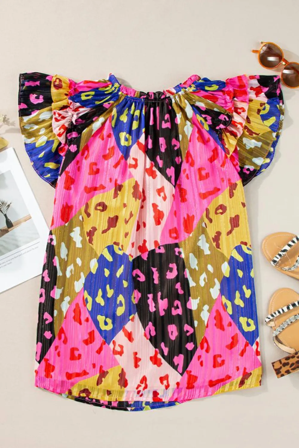 Discount Dear-Lover Leopard Flutter Sleeve V Neck Crinkled Blouse Rose