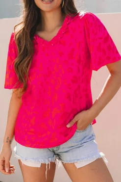 Discount Dear-Lover Leopard Frilly V Neck Short Sleeve Blouse Rose