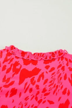 Discount Dear-Lover Leopard Frilly V Neck Short Sleeve Blouse Rose