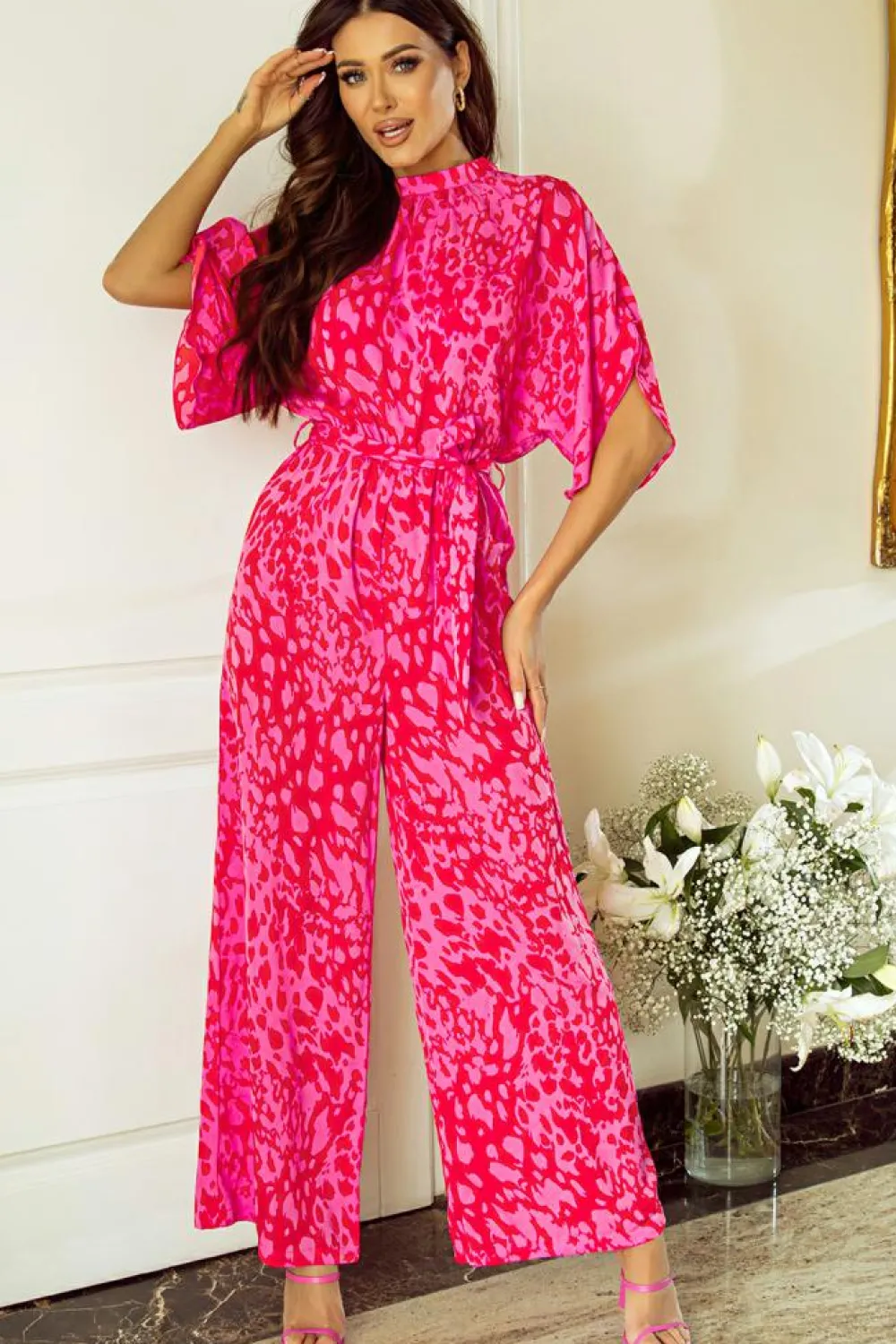 Best Dear-Lover Leopard Loose Sleeve Belted Wide Leg Jumpsuit Rose
