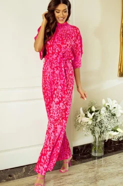 Best Dear-Lover Leopard Loose Sleeve Belted Wide Leg Jumpsuit Rose