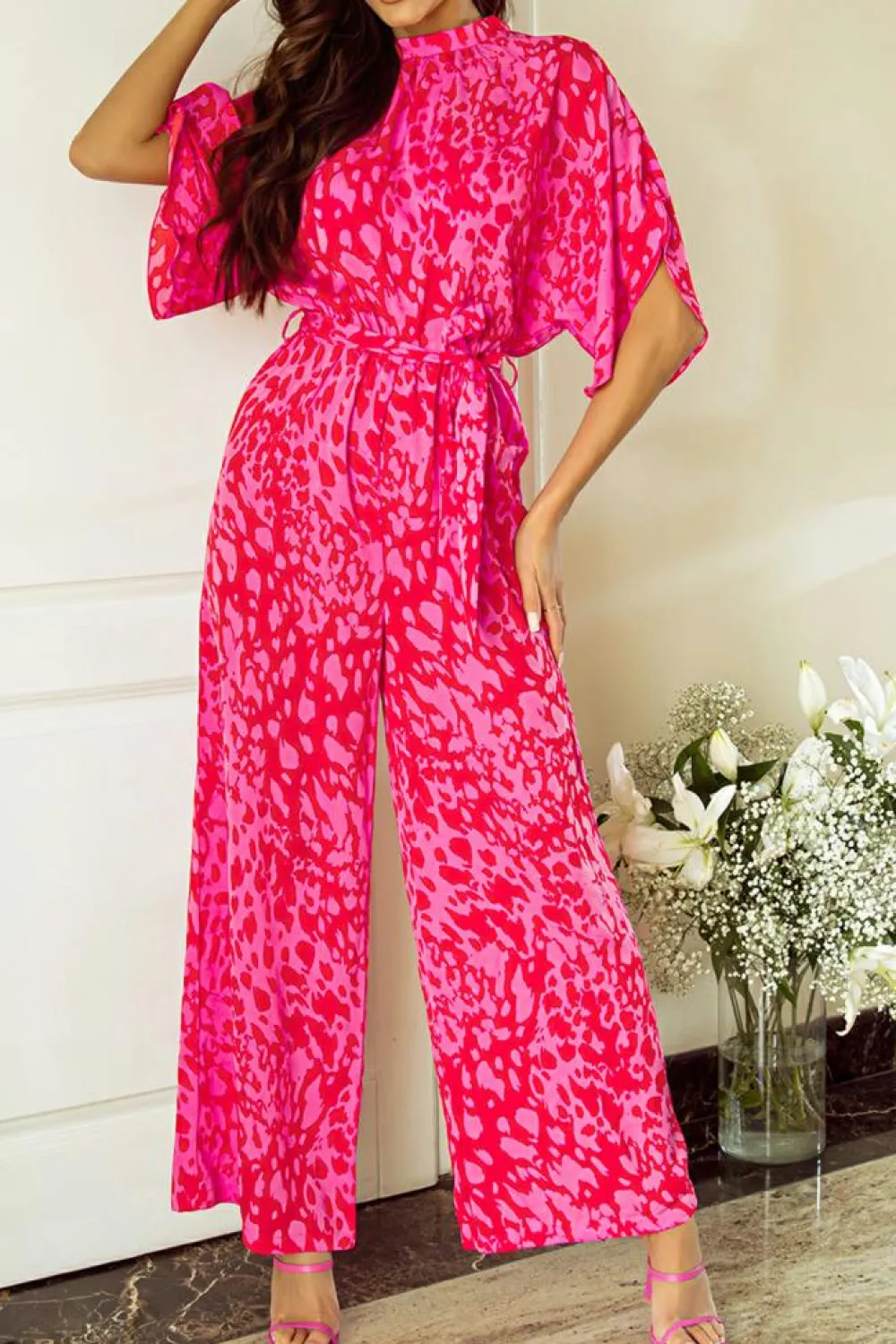 Best Dear-Lover Leopard Loose Sleeve Belted Wide Leg Jumpsuit Rose