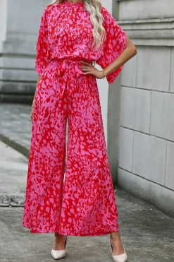 Best Dear-Lover Leopard Loose Sleeve Belted Wide Leg Jumpsuit Rose