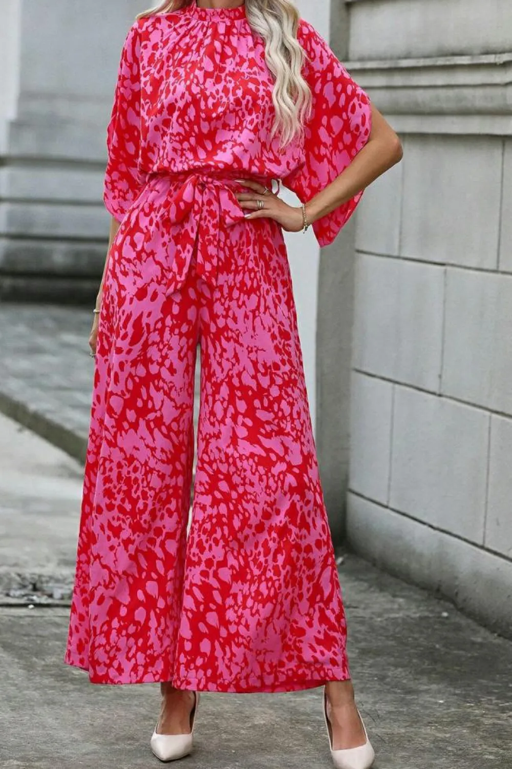 Best Dear-Lover Leopard Loose Sleeve Belted Wide Leg Jumpsuit Rose