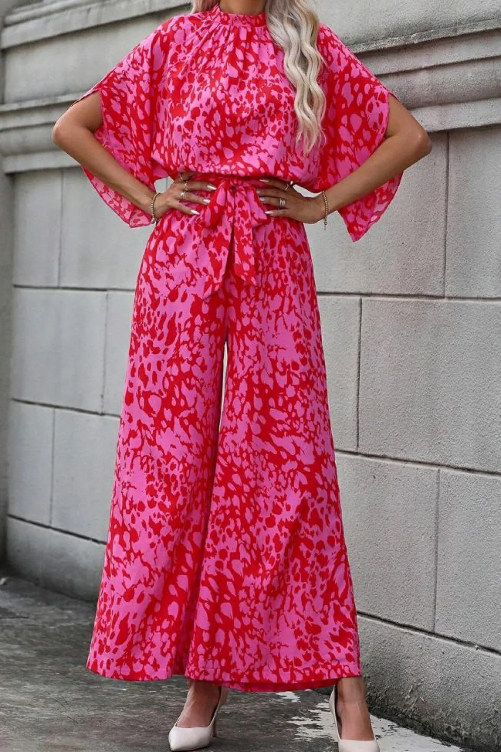 Best Dear-Lover Leopard Loose Sleeve Belted Wide Leg Jumpsuit Rose