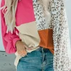 Hot Dear-Lover Leopard Patchwork Color Block Ribbed Long Sleeve Top Rose