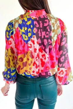 New Dear-Lover Leopard Patchwork Print Pleated Blouse Rose