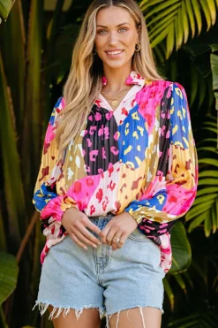 New Dear-Lover Leopard Patchwork Print Pleated Blouse Rose