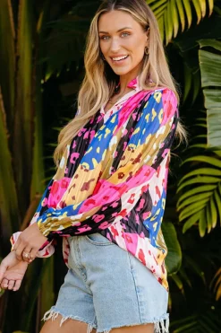 New Dear-Lover Leopard Patchwork Print Pleated Blouse Rose
