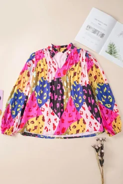 New Dear-Lover Leopard Patchwork Print Pleated Blouse Rose