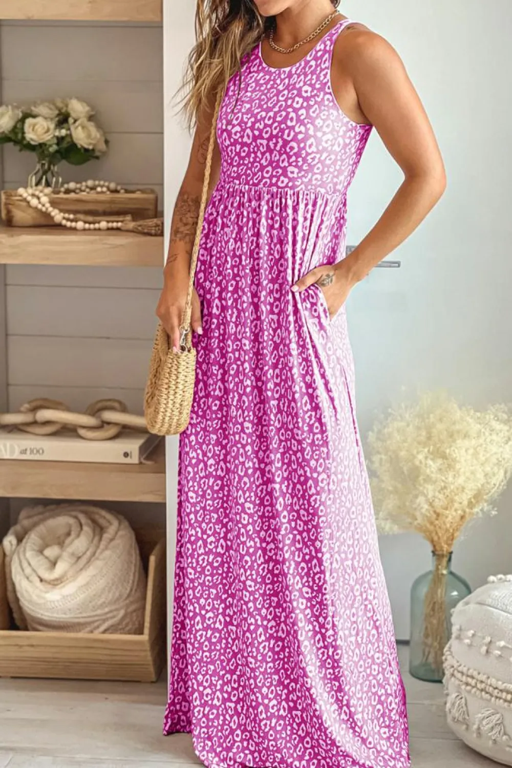New Dear-Lover Leopard Print Pocketed Sleeveless Maxi Dress Rose