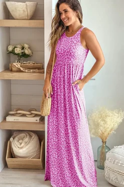 New Dear-Lover Leopard Print Pocketed Sleeveless Maxi Dress Rose