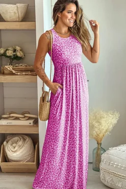 New Dear-Lover Leopard Print Pocketed Sleeveless Maxi Dress Rose