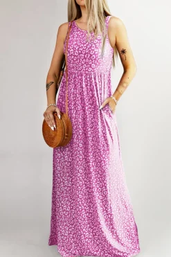 New Dear-Lover Leopard Print Pocketed Sleeveless Maxi Dress Rose