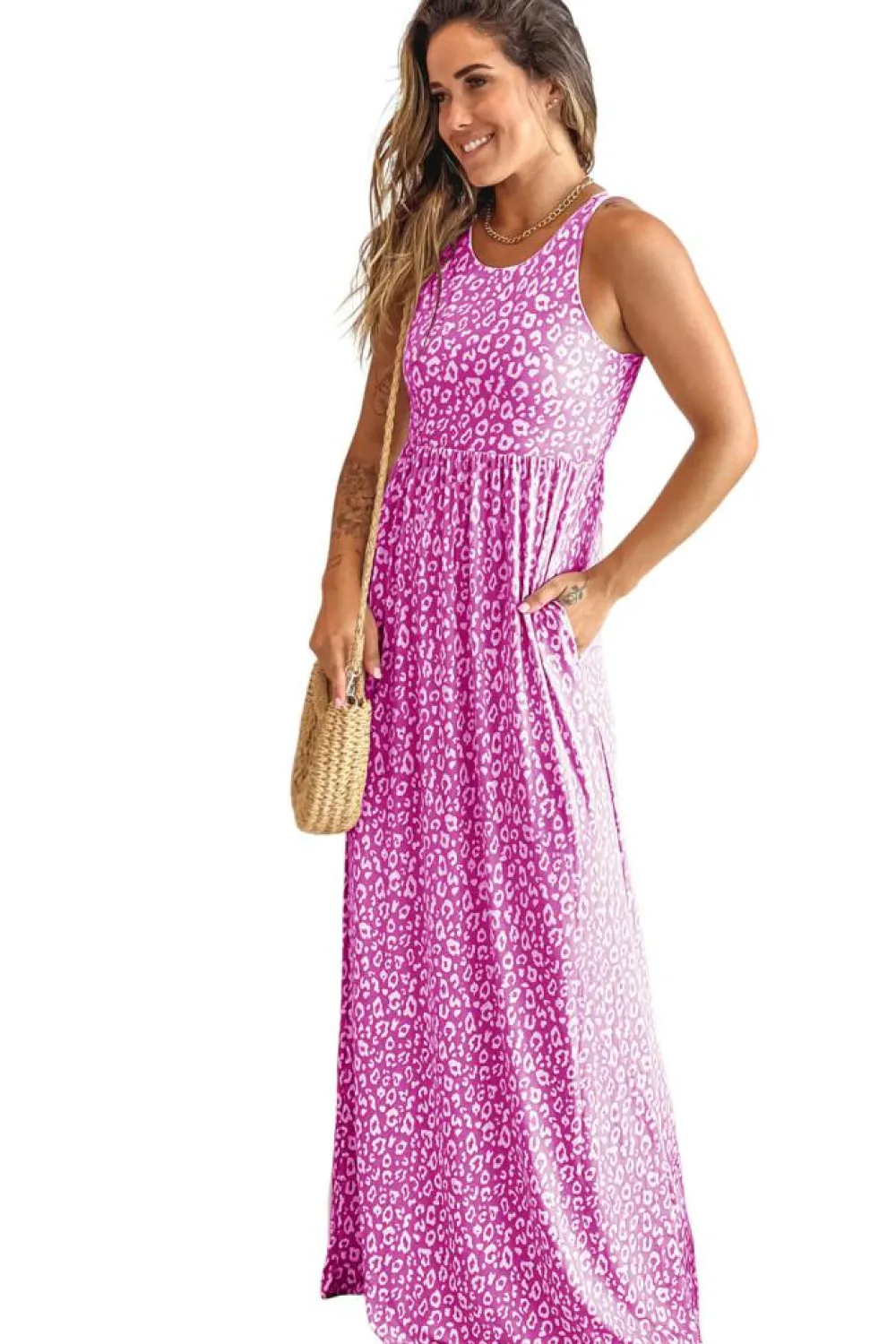 New Dear-Lover Leopard Print Pocketed Sleeveless Maxi Dress Rose