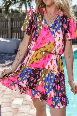 Online Dear-Lover Leopard Print Short Sleeve Tiered Ruffle Mini Dress Rose