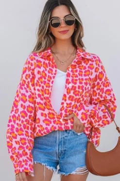 New Dear-Lover Leopard Printed Button Up Loose Shirt Rose