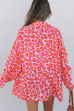 New Dear-Lover Leopard Printed Button Up Loose Shirt Rose