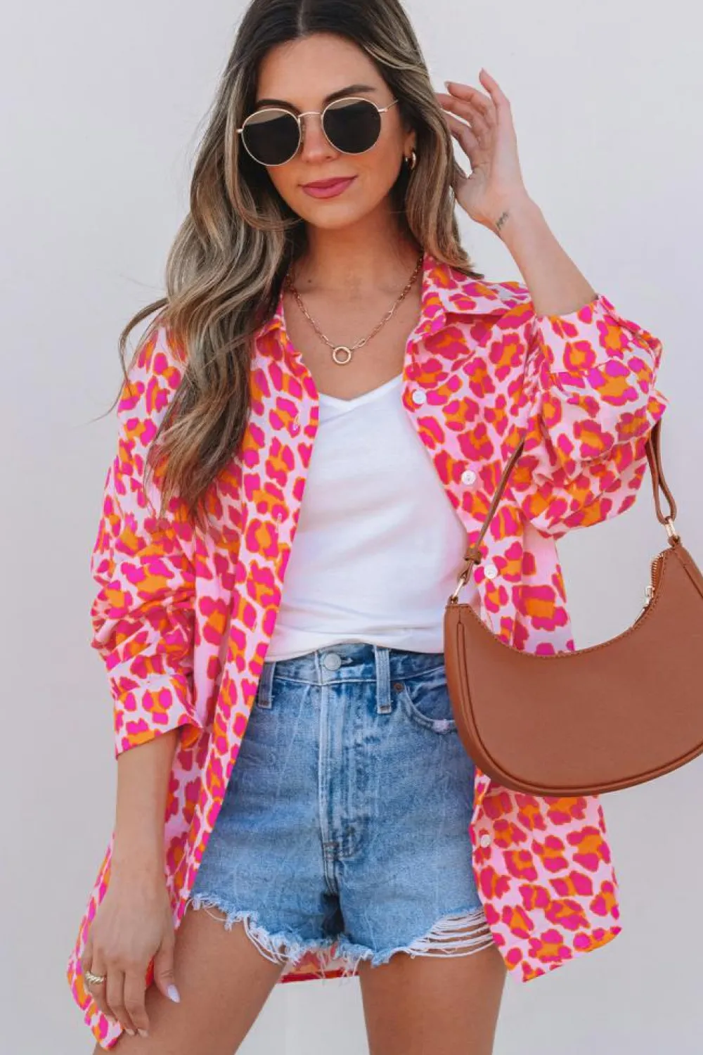 New Dear-Lover Leopard Printed Button Up Loose Shirt Rose