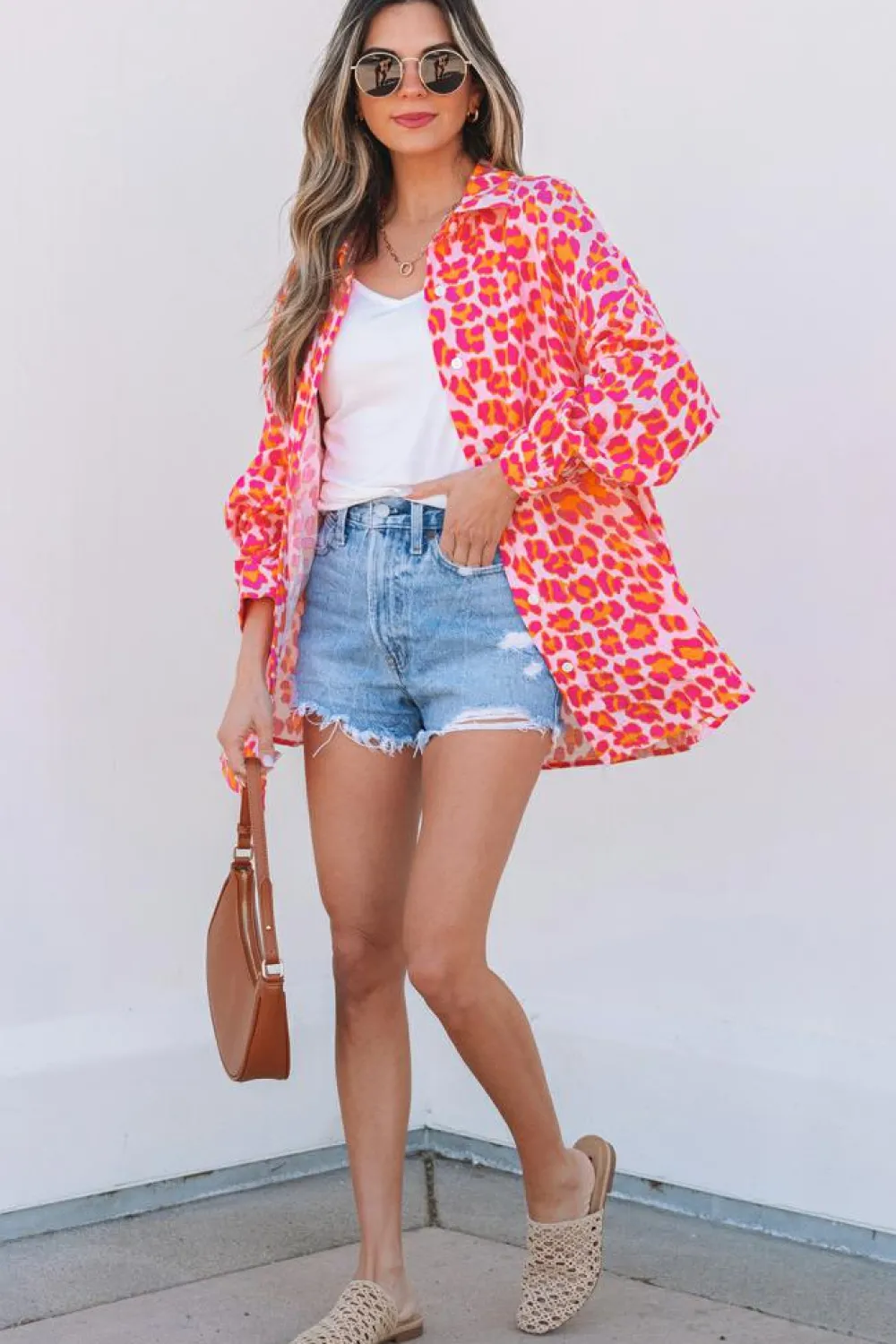 New Dear-Lover Leopard Printed Button Up Loose Shirt Rose