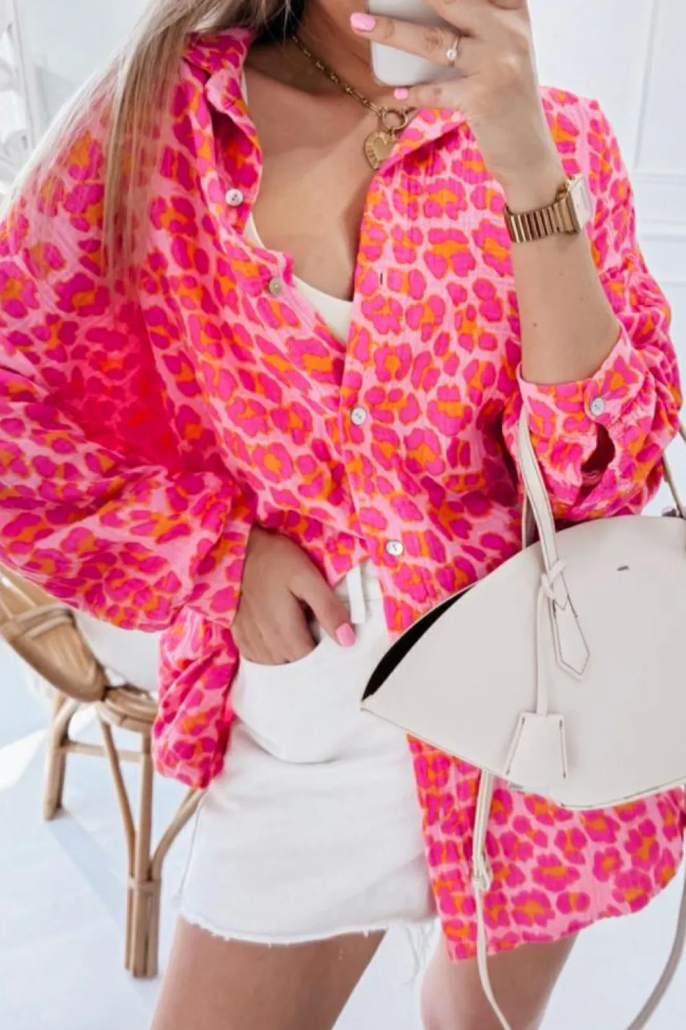 New Dear-Lover Leopard Printed Button Up Loose Shirt Rose
