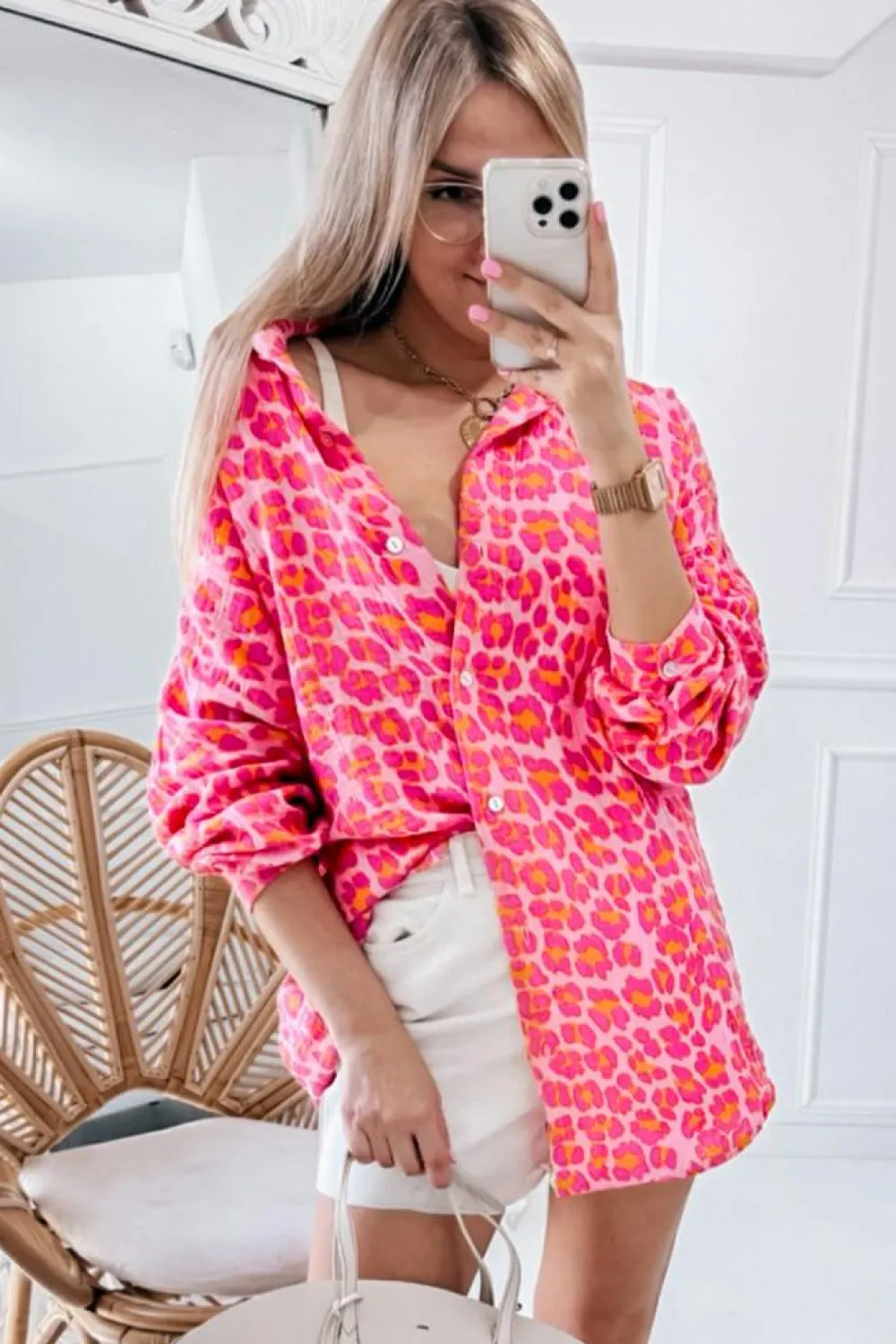 New Dear-Lover Leopard Printed Button Up Loose Shirt Rose