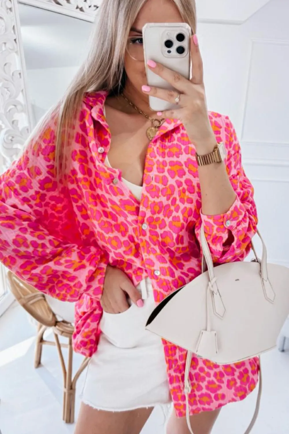 New Dear-Lover Leopard Printed Button Up Loose Shirt Rose