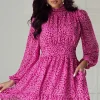 Clearance Dear-Lover Leopard Puff Sleeve Knotted High Neck Ruffle Dress Rose