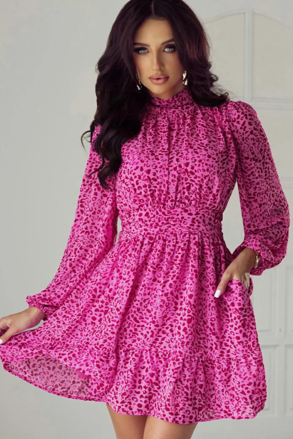 Clearance Dear-Lover Leopard Puff Sleeve Knotted High Neck Ruffle Dress Rose