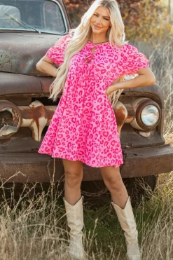 New Dear-Lover Leopard Puff Sleeve Tie Front High Waist Mini Dress Rose