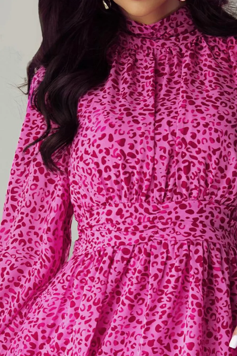 Clearance Dear-Lover Leopard Puff Sleeve Knotted High Neck Ruffle Dress Rose