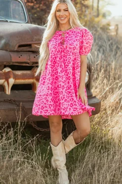 New Dear-Lover Leopard Puff Sleeve Tie Front High Waist Mini Dress Rose