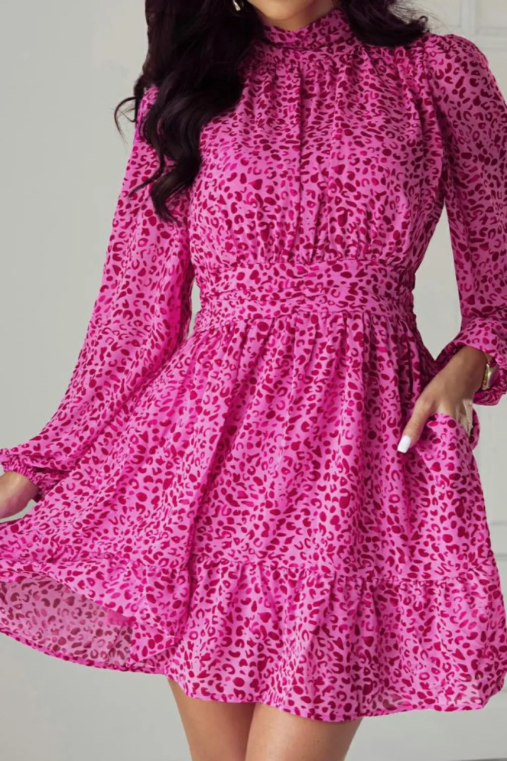 Clearance Dear-Lover Leopard Puff Sleeve Knotted High Neck Ruffle Dress Rose