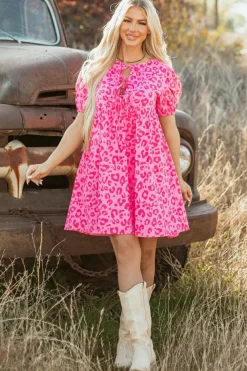 New Dear-Lover Leopard Puff Sleeve Tie Front High Waist Mini Dress Rose
