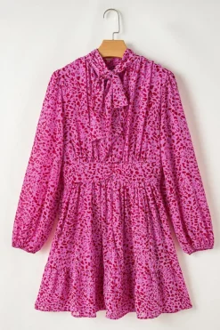 Clearance Dear-Lover Leopard Puff Sleeve Knotted High Neck Ruffle Dress Rose