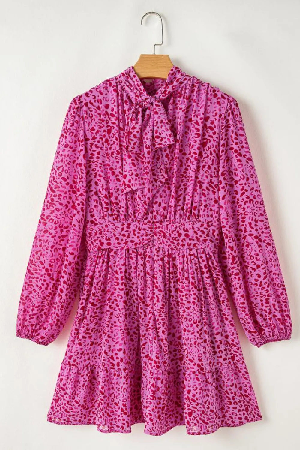 Clearance Dear-Lover Leopard Puff Sleeve Knotted High Neck Ruffle Dress Rose