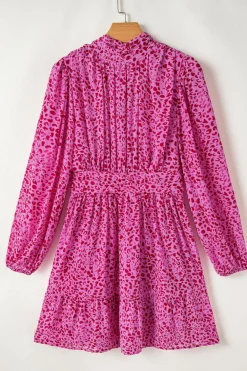 Clearance Dear-Lover Leopard Puff Sleeve Knotted High Neck Ruffle Dress Rose
