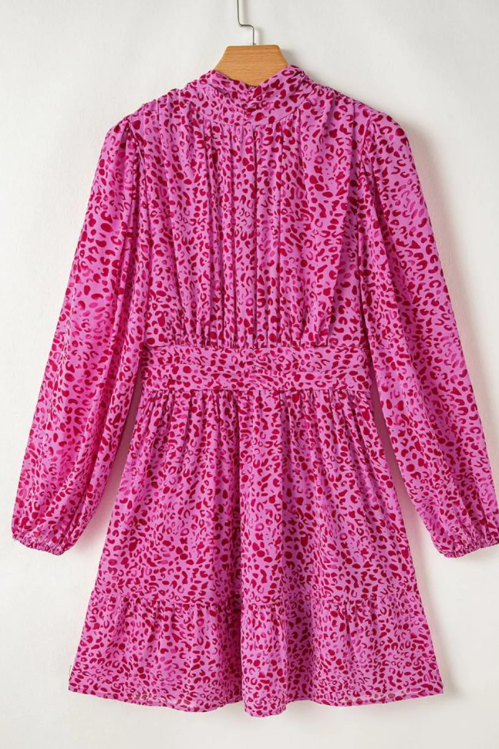 Clearance Dear-Lover Leopard Puff Sleeve Knotted High Neck Ruffle Dress Rose