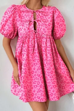 New Dear-Lover Leopard Puff Sleeve Tie Front High Waist Mini Dress Rose