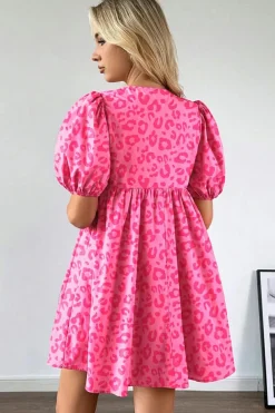 New Dear-Lover Leopard Puff Sleeve Tie Front High Waist Mini Dress Rose