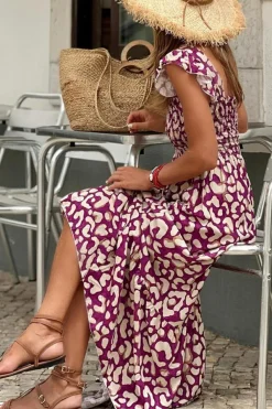 Hot Dear-Lover Leopard Ruffle Straps Smocked High Waist Long Dress Rose