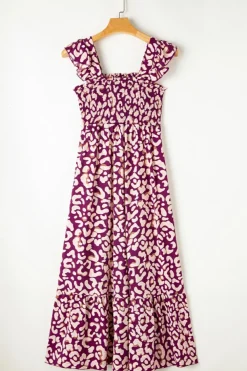 Hot Dear-Lover Leopard Ruffle Straps Smocked High Waist Long Dress Rose