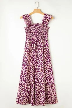 Hot Dear-Lover Leopard Ruffle Straps Smocked High Waist Long Dress Rose