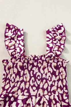 Hot Dear-Lover Leopard Ruffle Straps Smocked High Waist Long Dress Rose
